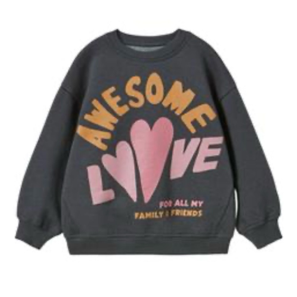 Zara Girls “Awesome Love” Retro Sweatshirt Charcoal Gray Pink Hearts | Size 4–5